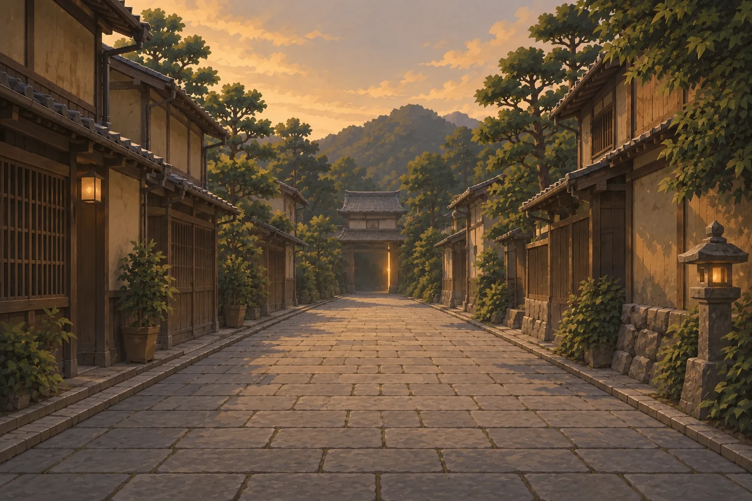 Ilustración de una calle de Kioto con estética de videojuego y una tenue luz que señala el límite entre dos mundos